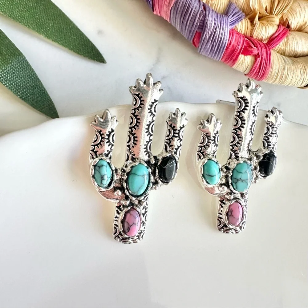 2/$30🌵 Bohemian Pink Turquoise Stone Cactus Earrings Antiqued Southwestern